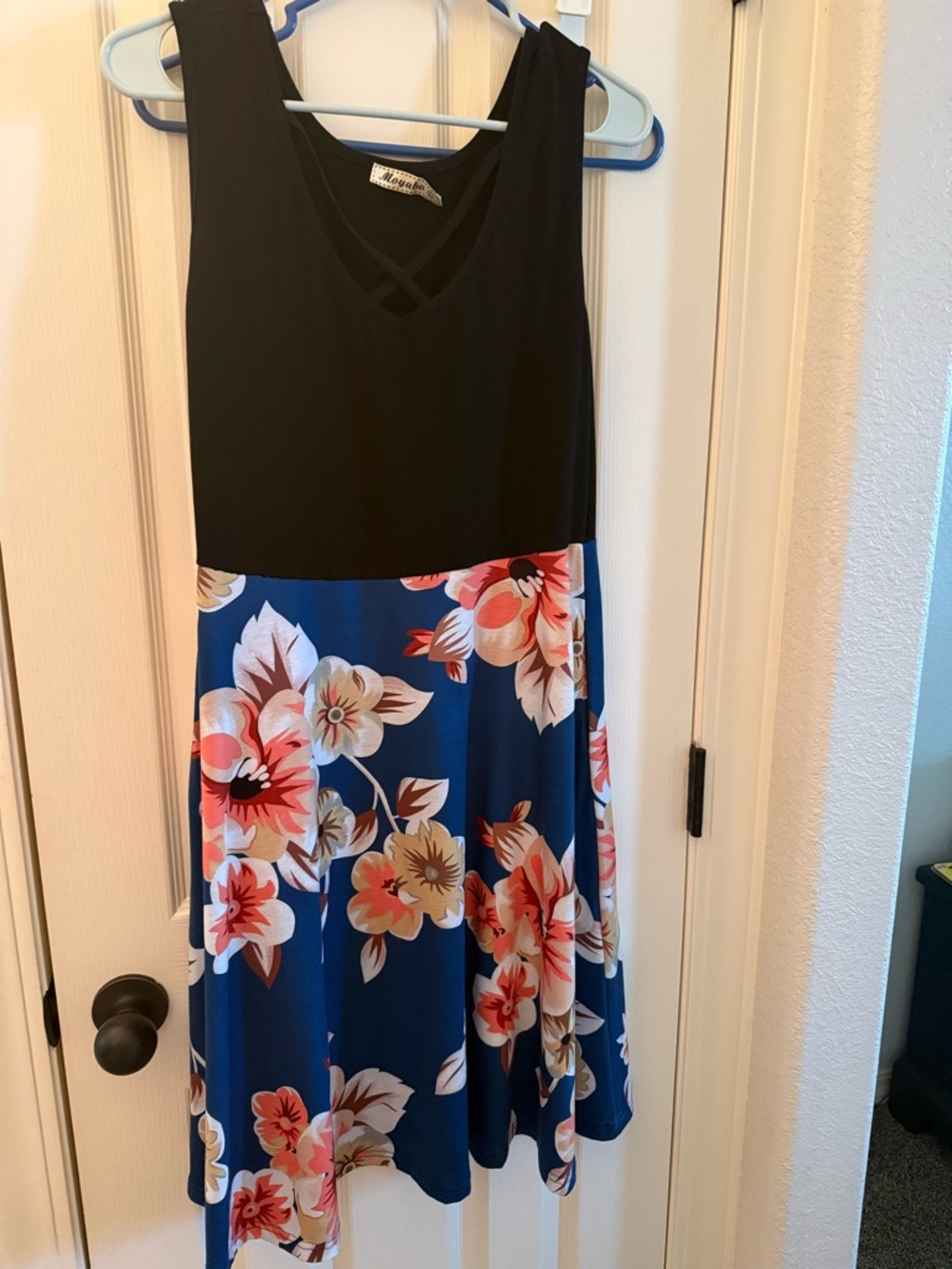 Floral Blue and Black Sleeveless Dress